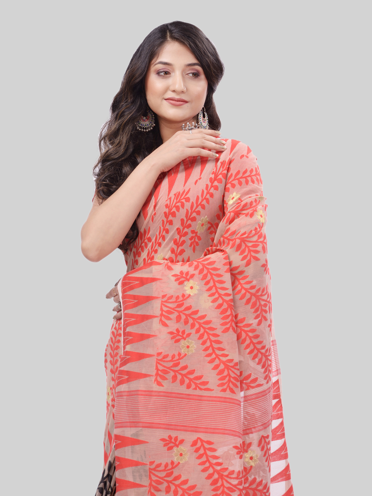 DESH BIDESH Women`s Tamarind Leaf Resham Dhakai Jamdani Bengal Pure Cotton Handloom Saree Whole Body Design without Blouse Piece (Red Black)